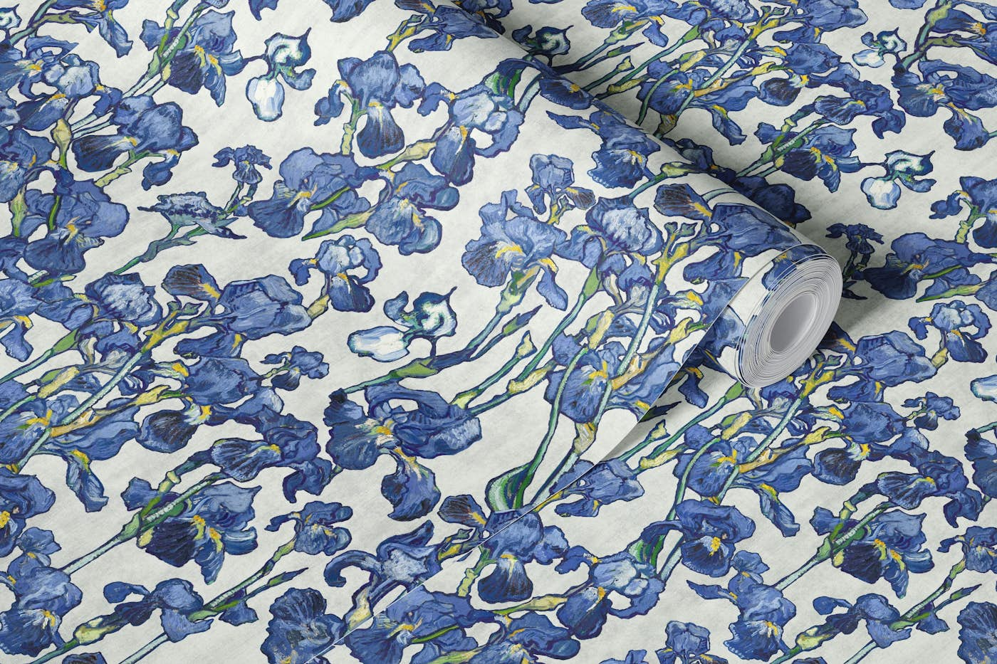 Van Gogh Irises Pattern in stone white and cobalt blue wallpaper roll