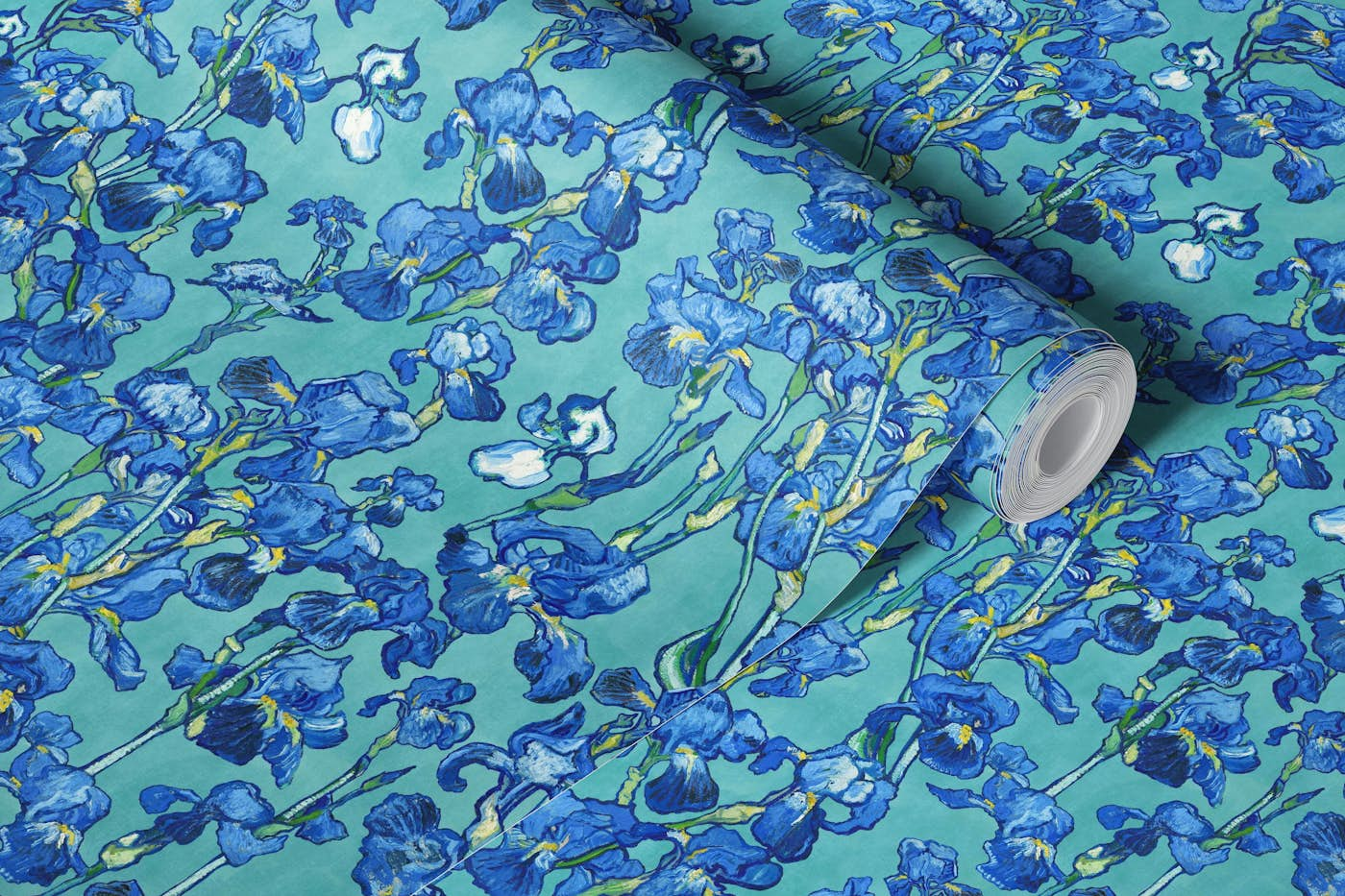 Van Gogh Irises pattern in cobalt, navy and turquoise blue wallpaper roll