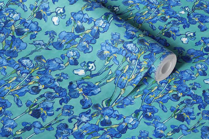 Van Gogh Irises pattern in cobalt, navy and turquoise bluewallpaper roll