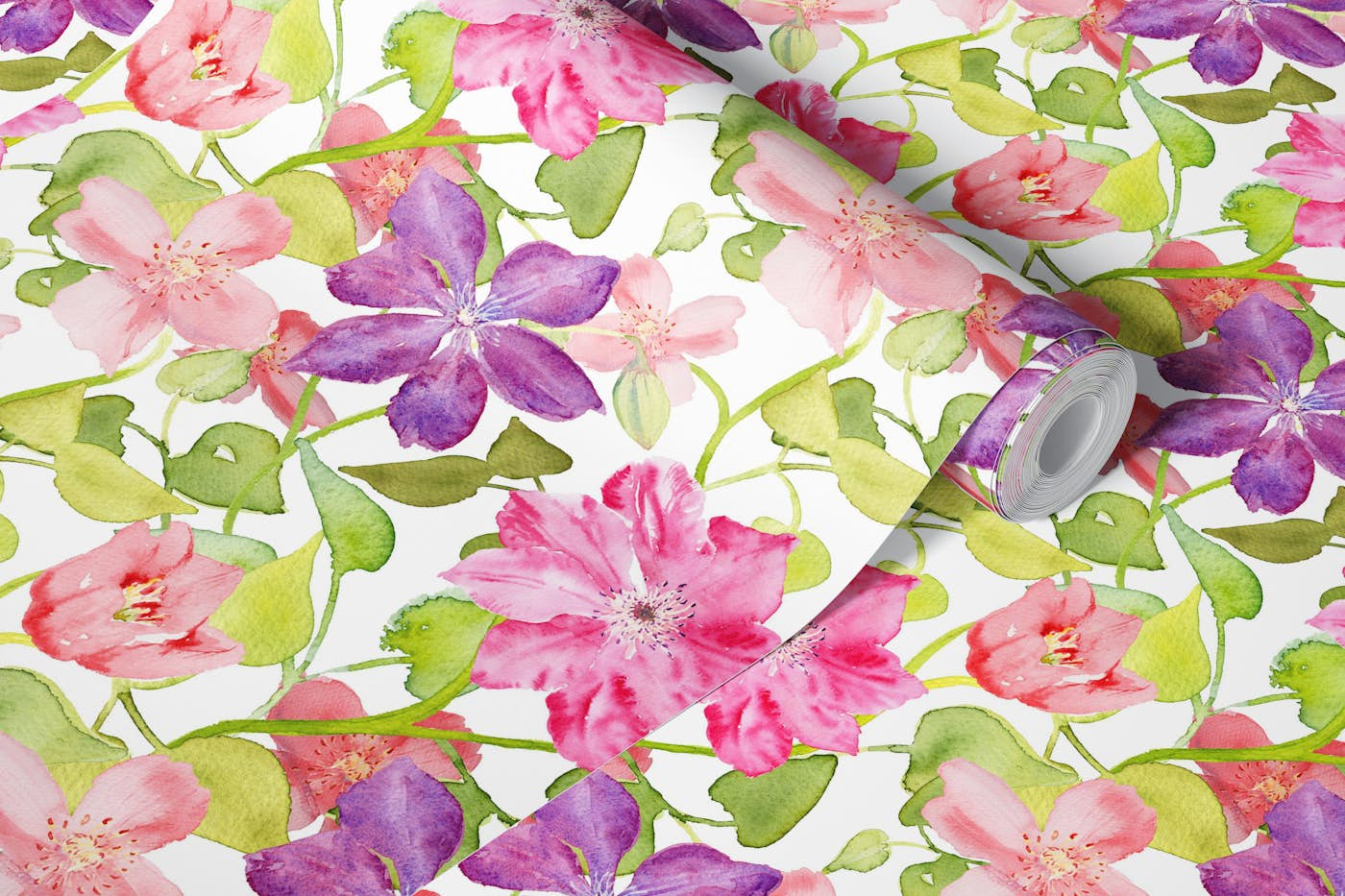 Clematis Vine Watercolour Floral wallpaper roll