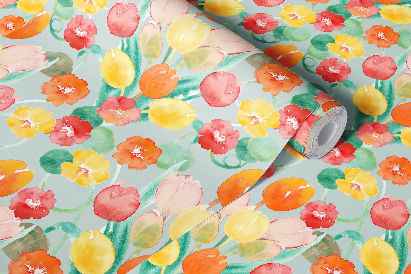 Tulips and Nasturtiums Watercolour Teal Background wallpaper roll