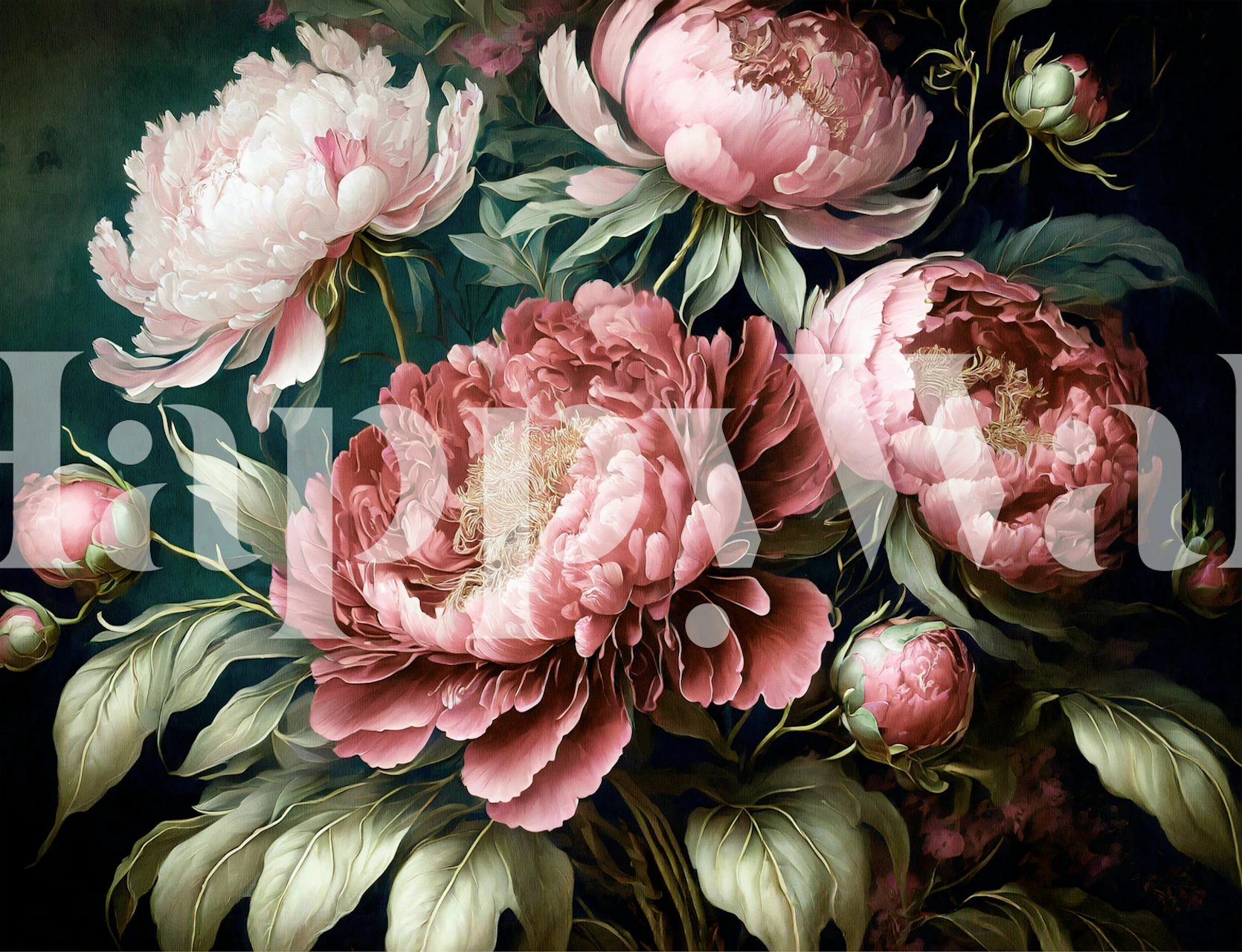 Pink peonies with green leaves on a dark background wallpaper