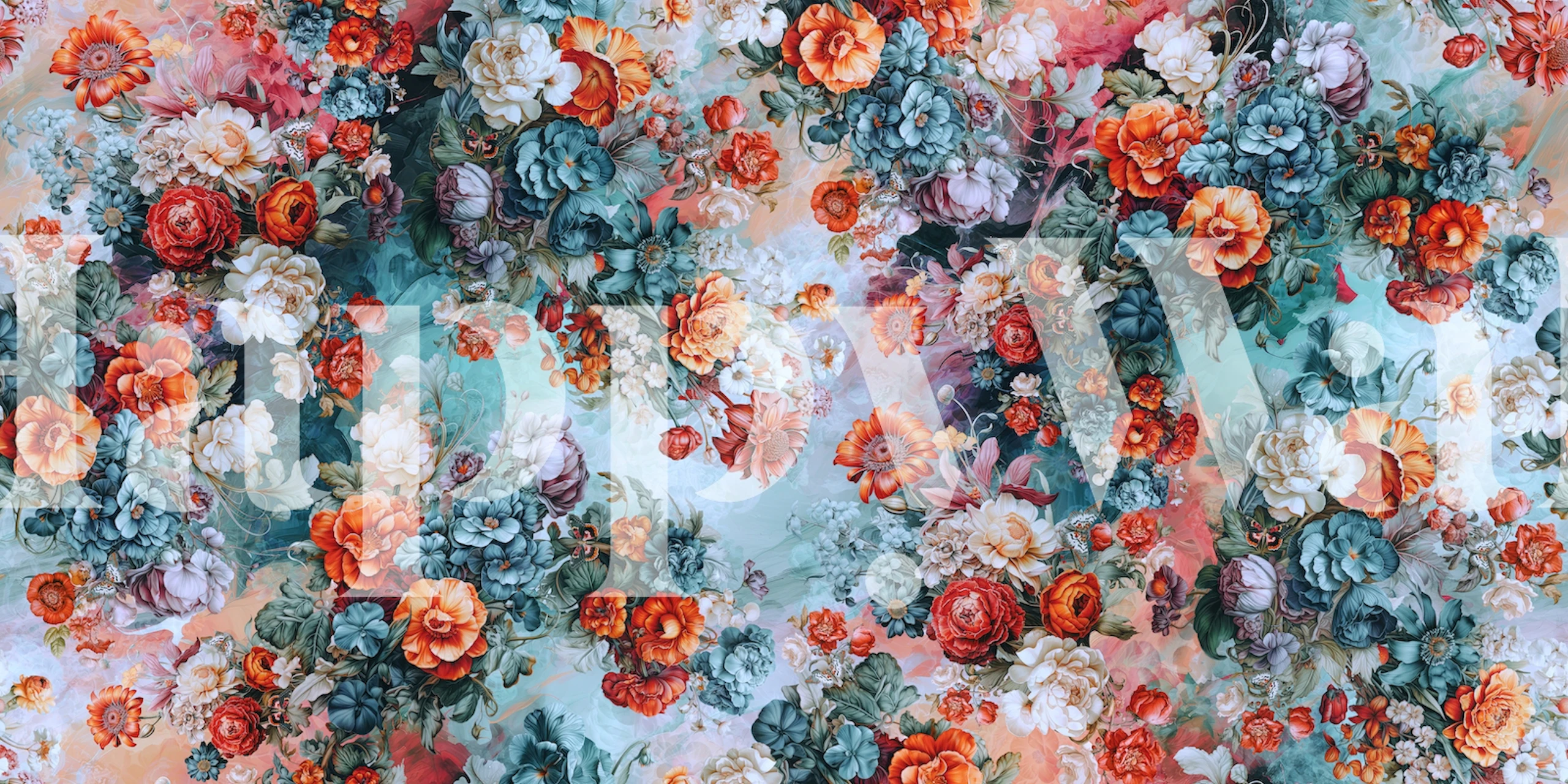 Colorful floral pattern wallpaper with orange, teal and white flowers