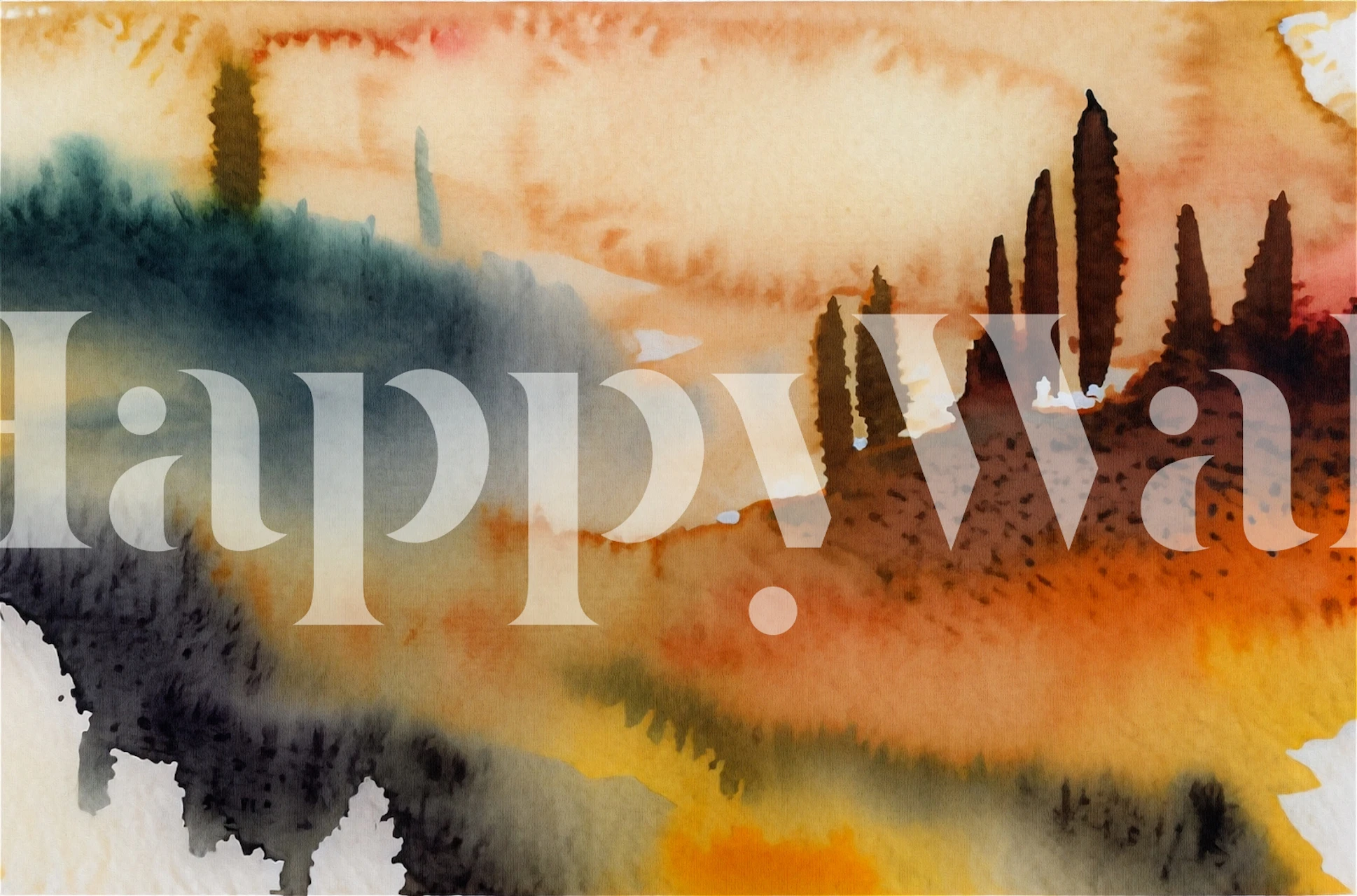 Toskanski seoski akvarel zidni mural s toplim nijansama zalaska sunca i valovitim brežuljcima