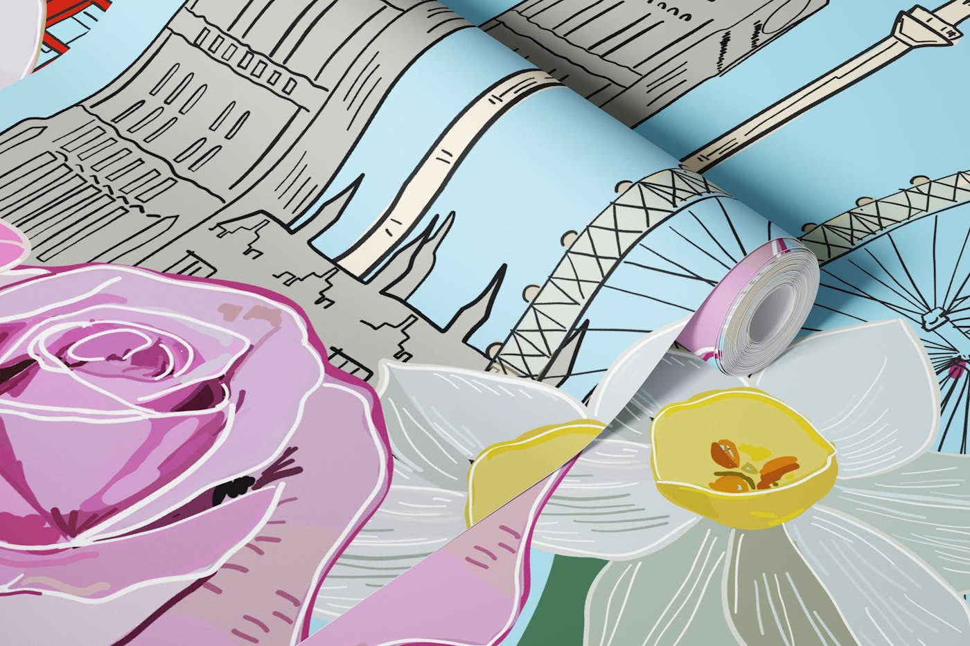 London illustration with flowers wallpaper roll