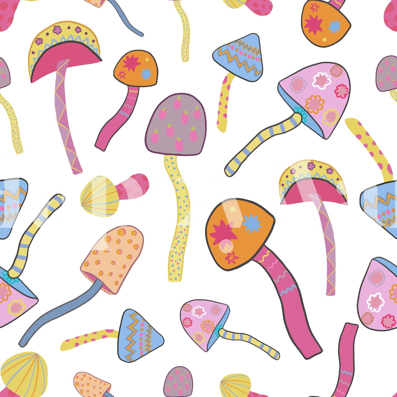 Colorful mushrooms in various shapes and sizes on white background wallpaper