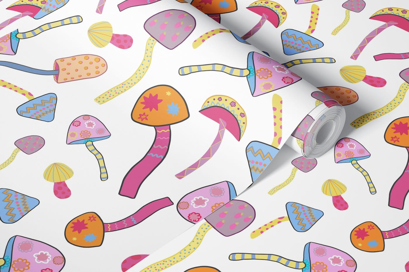 Magical mushrooms white II pattern wallpaper roll