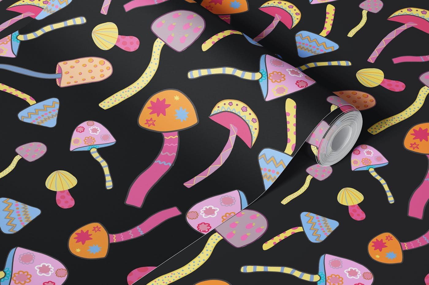 Magical mushrooms black II pattern wallpaper roll