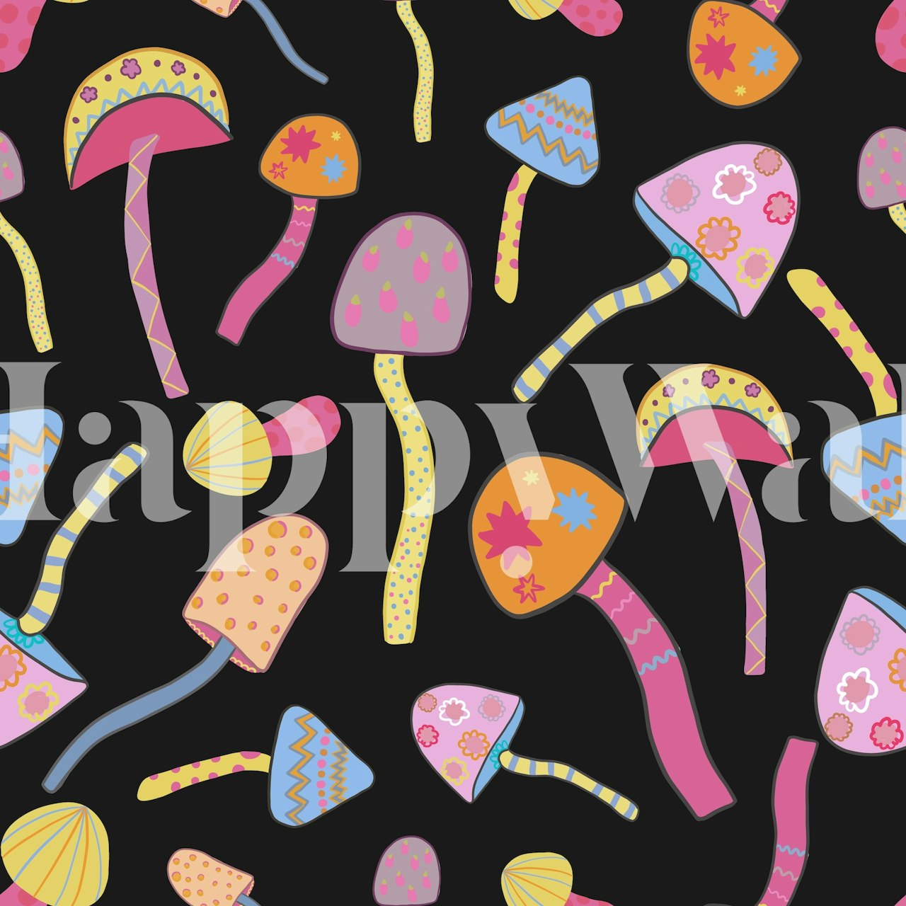 Colorful mushroom patterns on a black background wallpaper