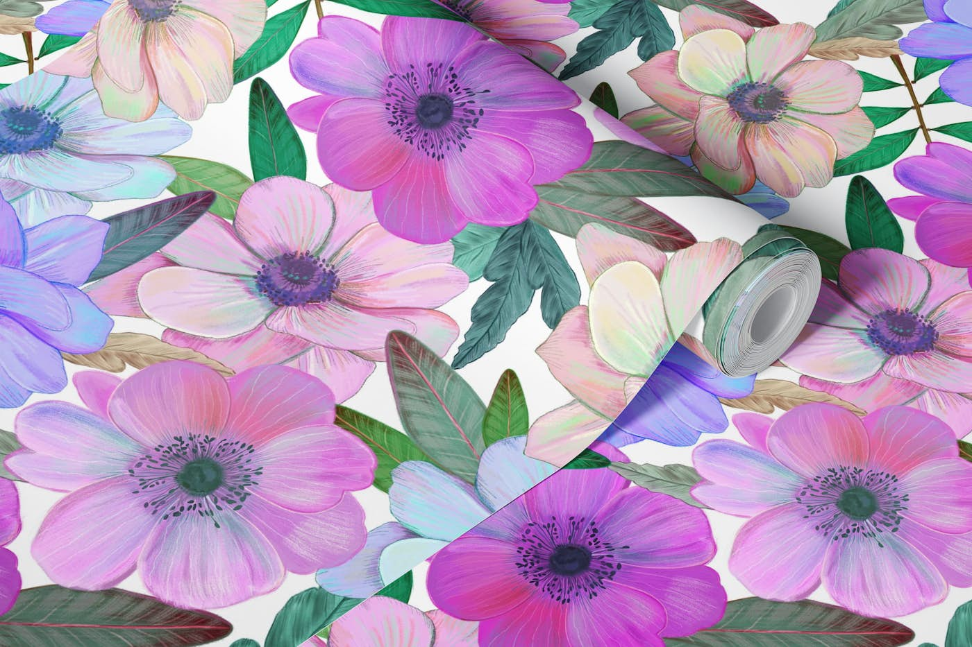 Hand drawn anemones pattern wallpaper roll