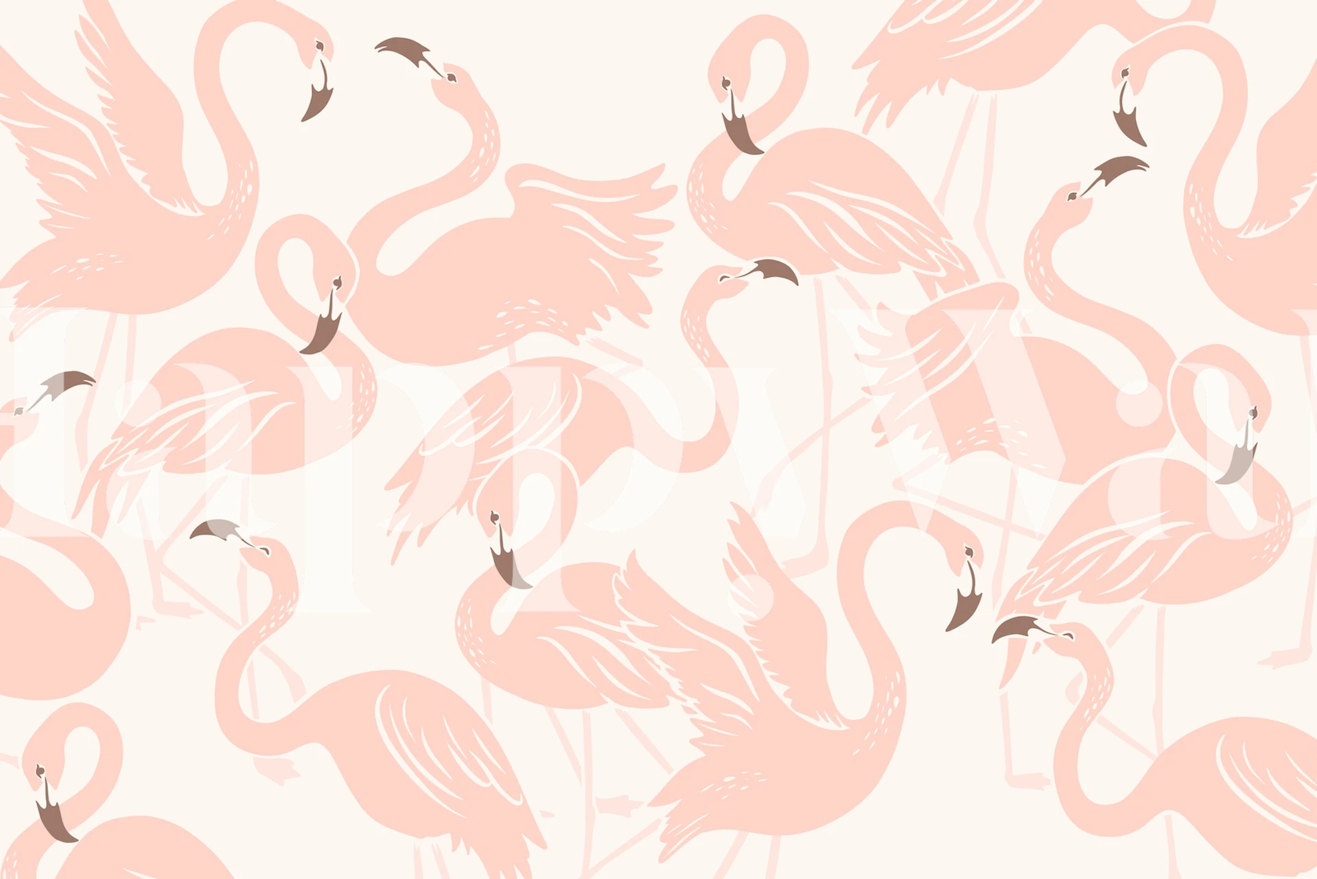 Multiple pink flamingos with white outlines in a tropical style wallpaper