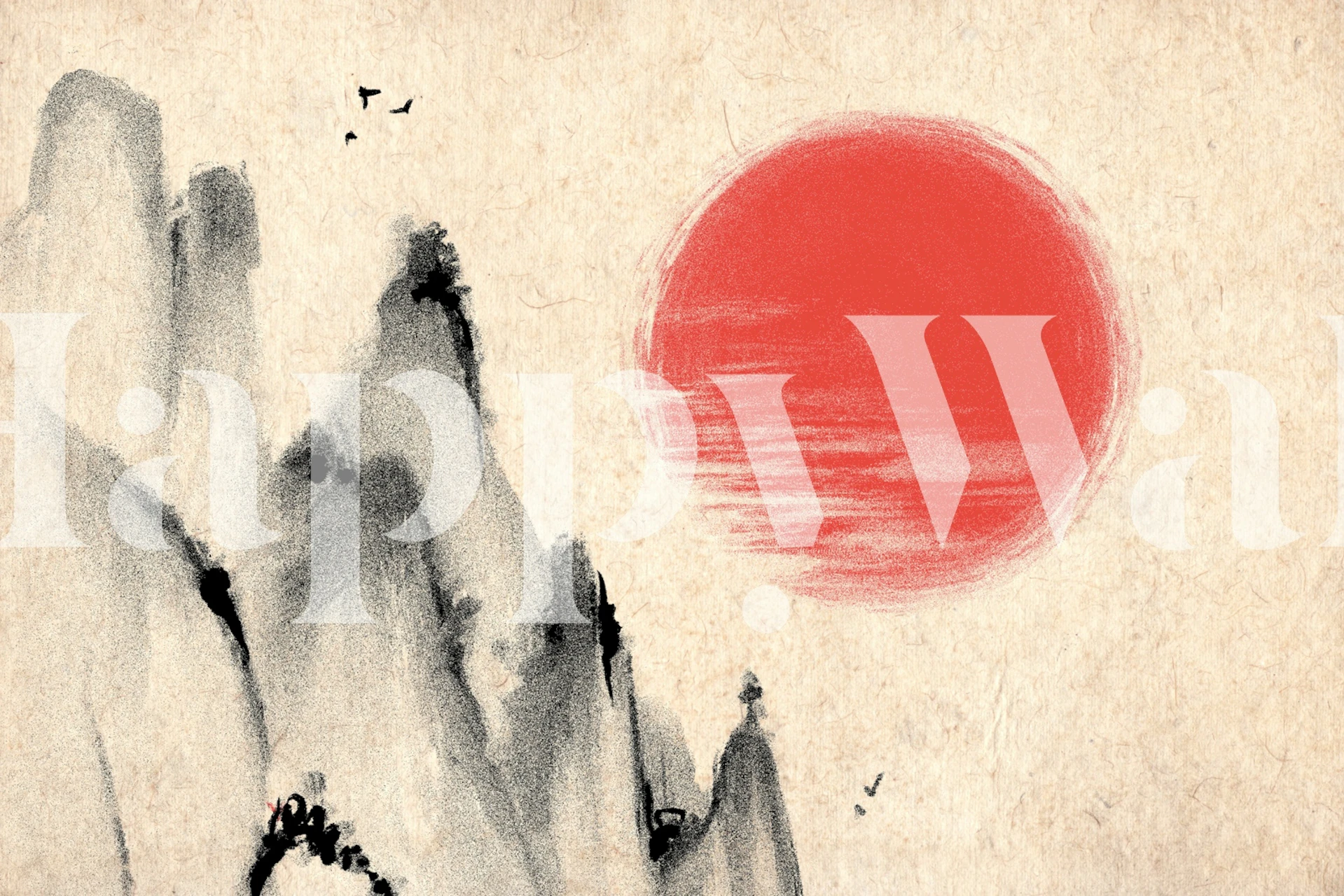 Japanese landscape with red sun and mountains wallpaper