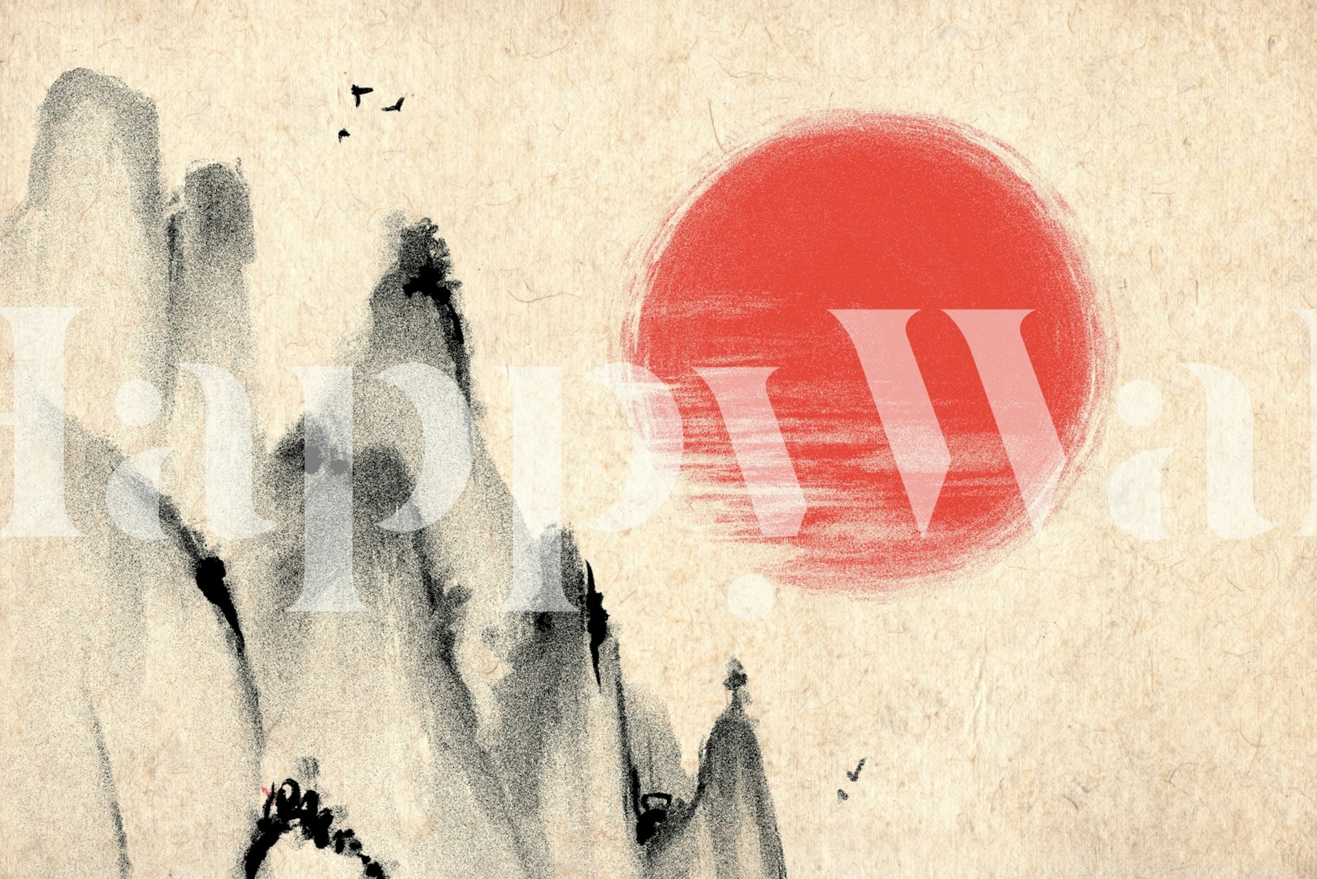 Japanese landscape with red sun and mountains wallpaper