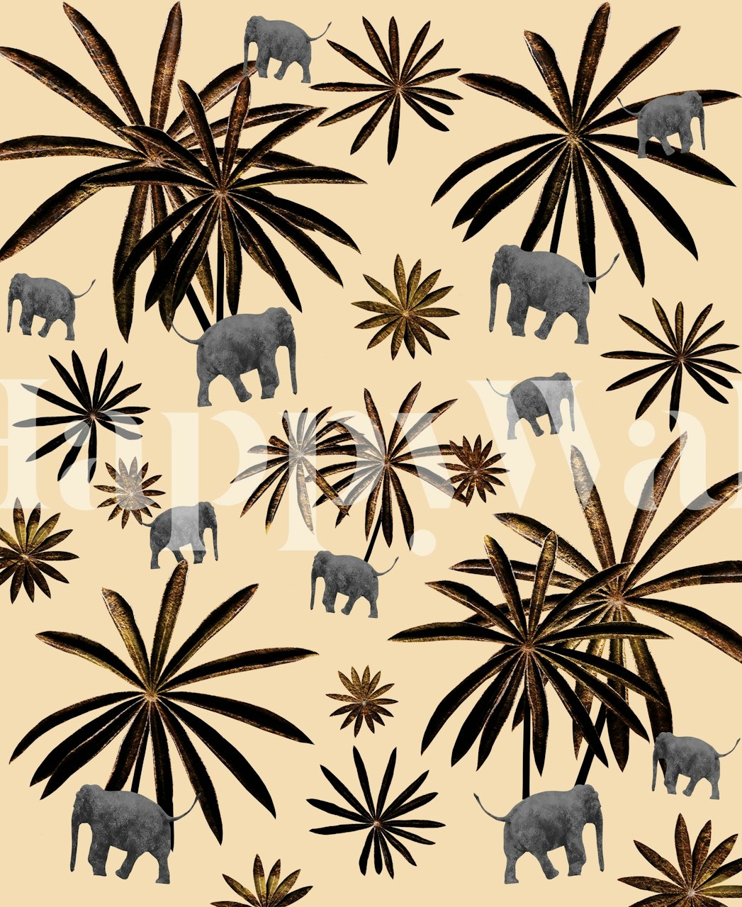 Illustrative wall mural featuring elephants and palm trees in earthy tones on a neutral background