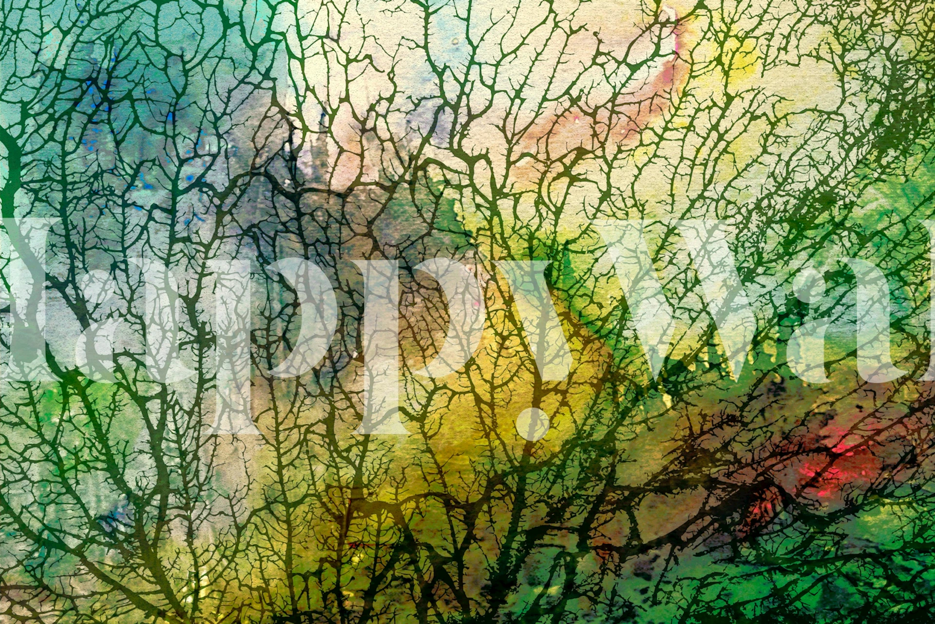 Watercolor tree branches in green and vibrant colors wallpaper