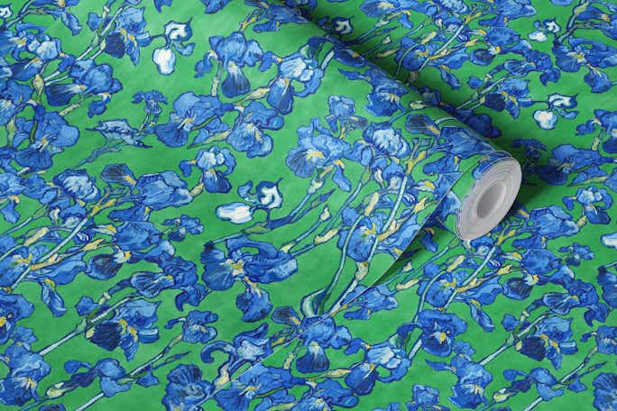 Van Gogh Irises Pattern in emerald green and cobalt bluewallpaper roll
