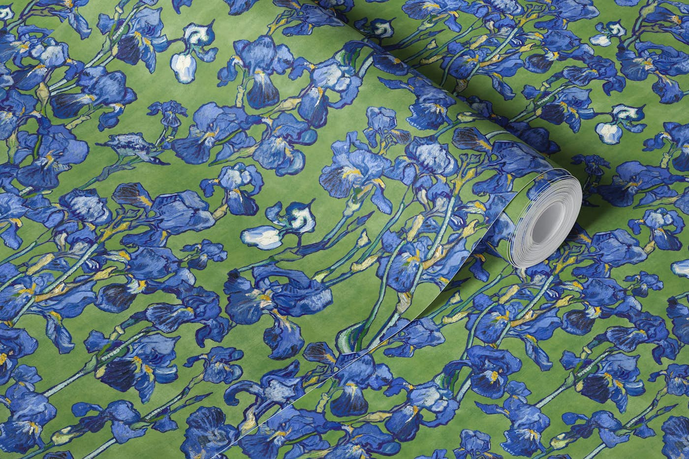 Van Gogh Irises Pattern in fern green and cobalt blue wallpaper roll