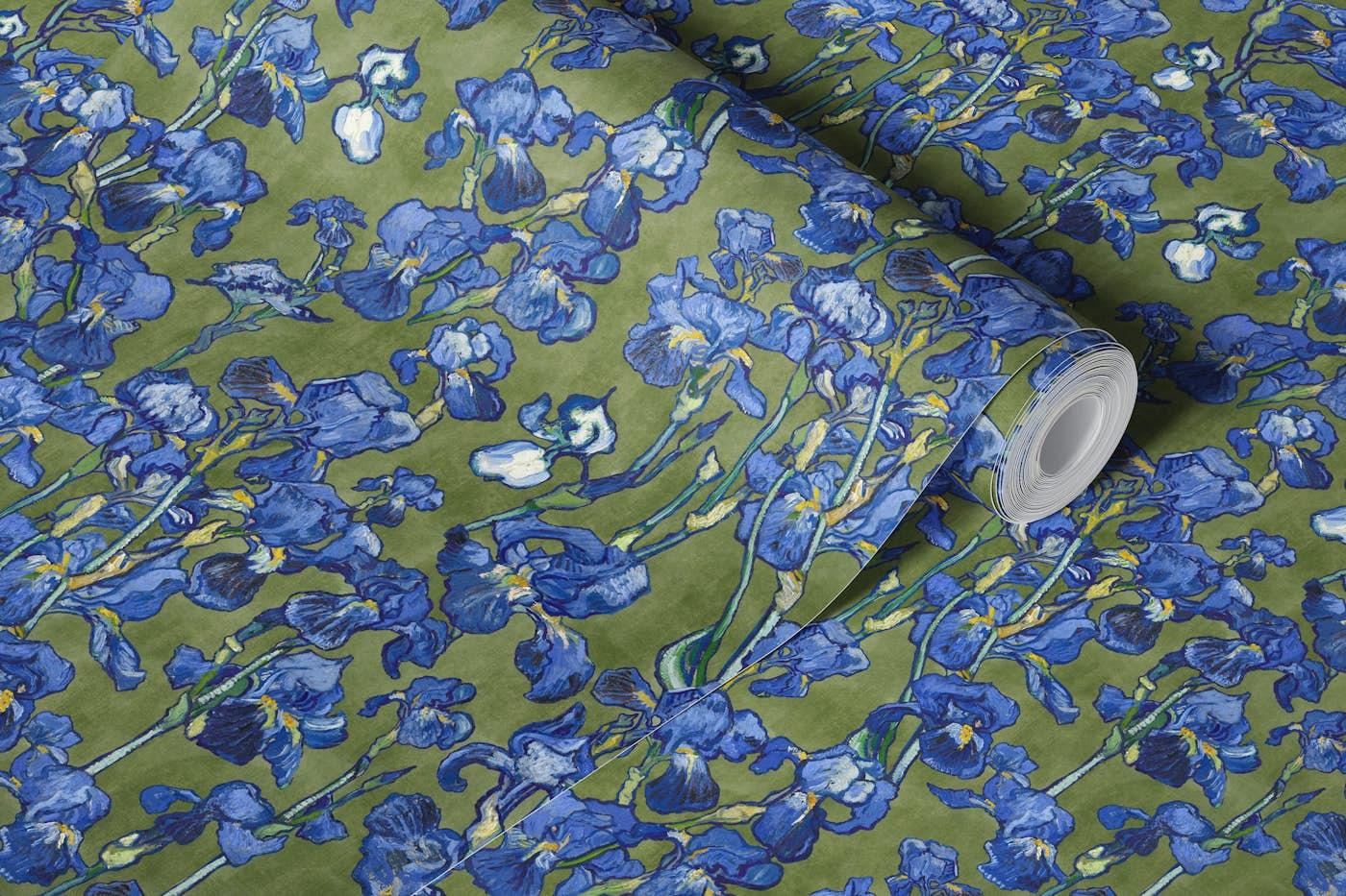 Van Gogh Irises Pattern in olive green and cobalt blue wallpaper roll