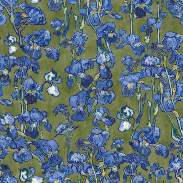 Van Gogh Irises Pattern in olive green and cobalt blue
