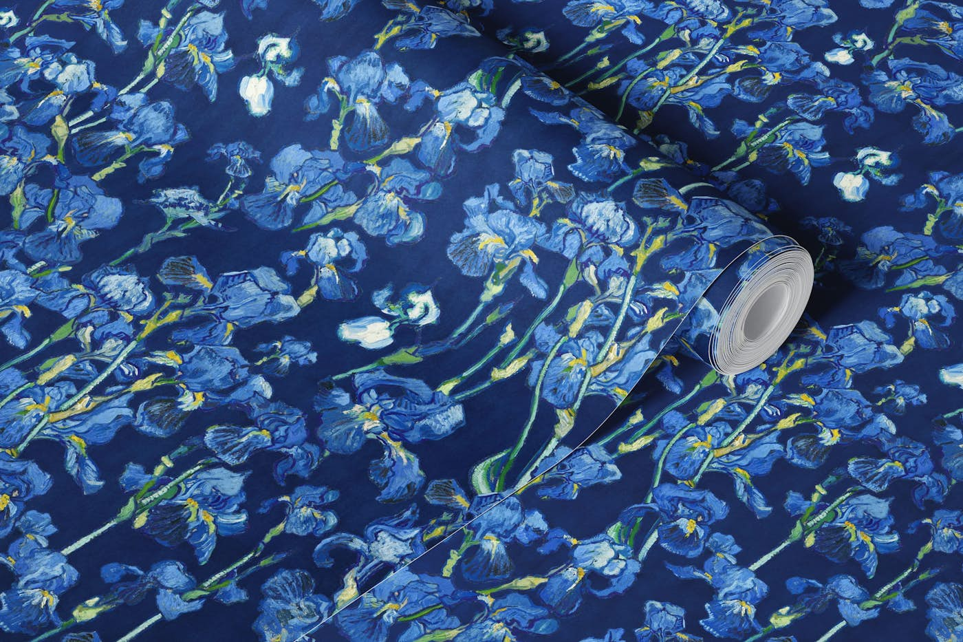 Van Gogh Irises pattern in cobalt navy denim blue wallpaper roll