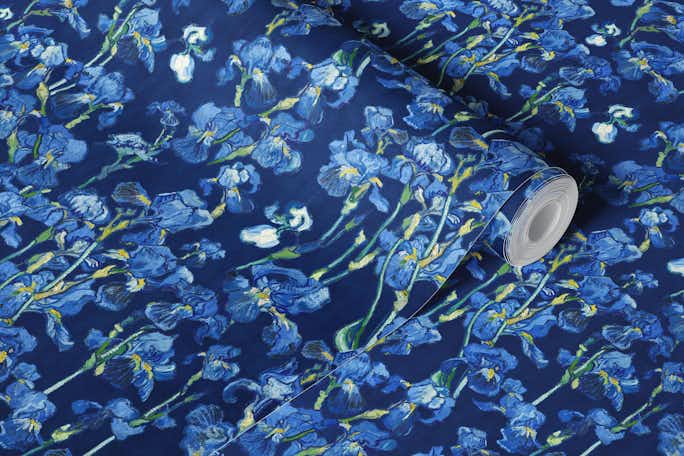 Van Gogh Irises pattern in cobalt navy denim bluewallpaper roll