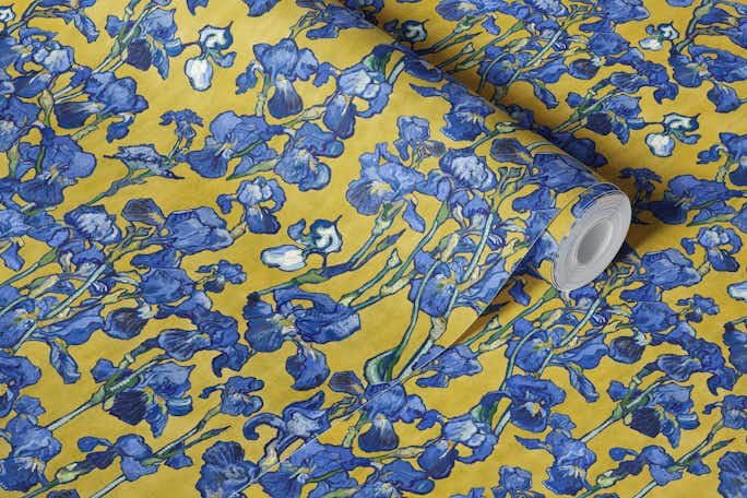 Van Gogh Irises Pattern in mustard yellow and cobalt bluewallpaper roll