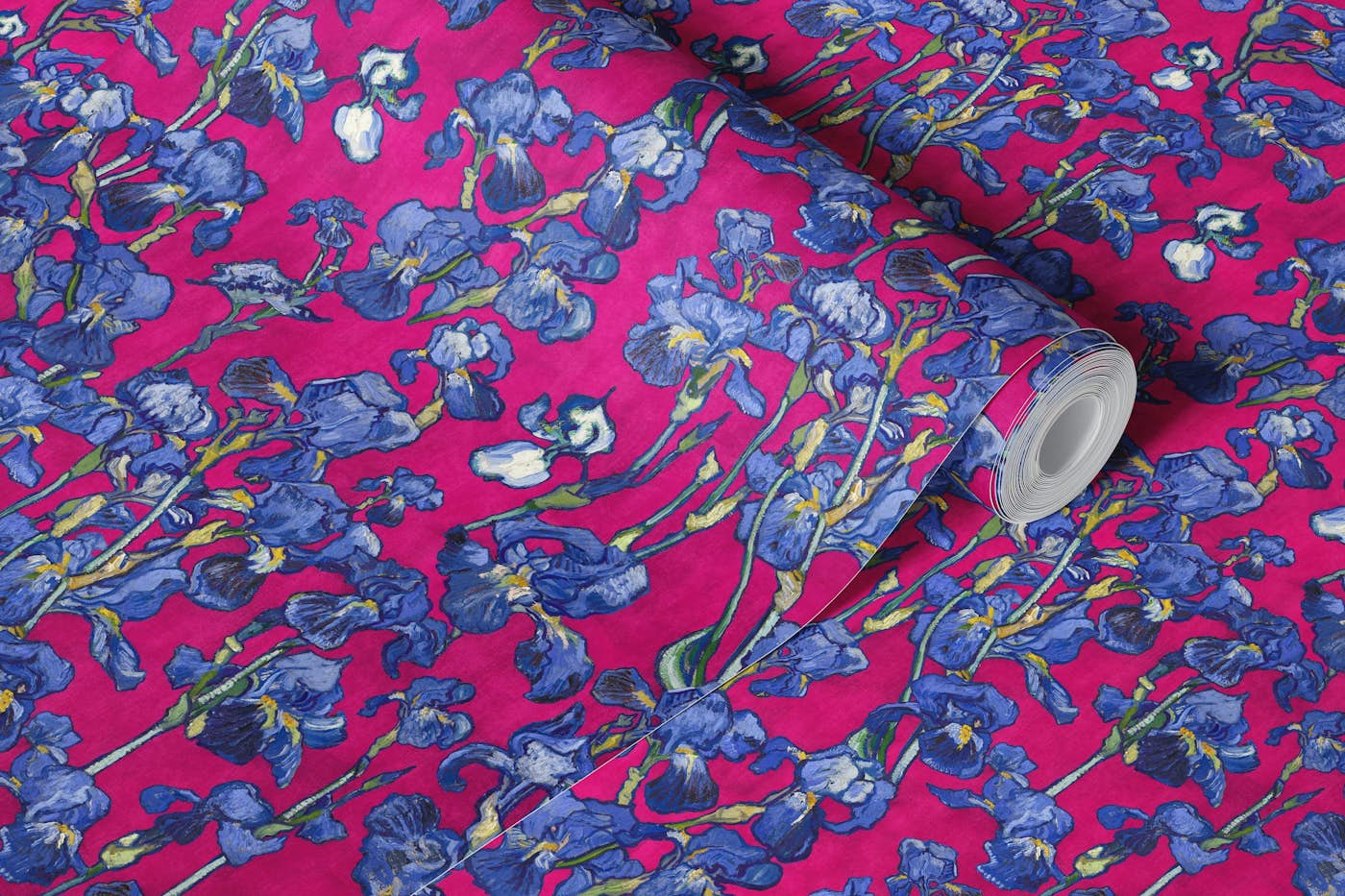 Van Gogh Irises Pattern in magenta pink and cobalt blue wallpaper roll