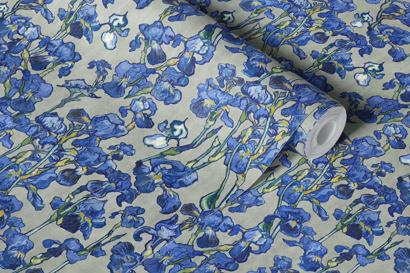 Van Gogh Irises Pattern in grey and cobalt blue wallpaper roll