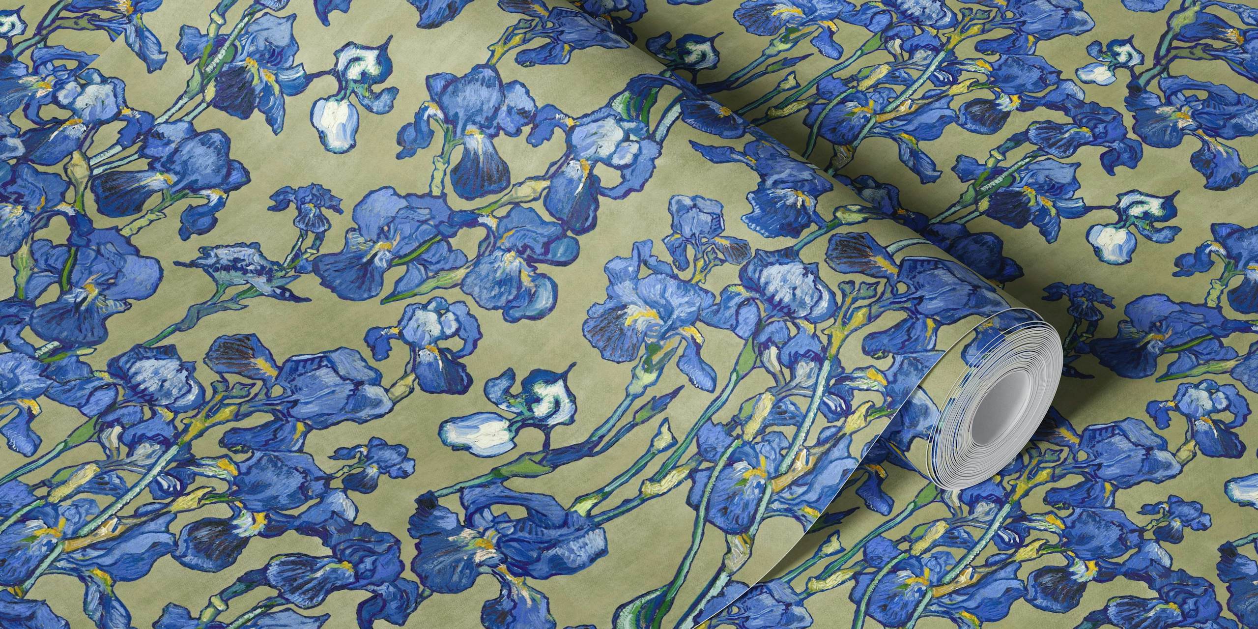 Van Gogh-style irises pattern wall mural with pale olive and cobalt blue flowers