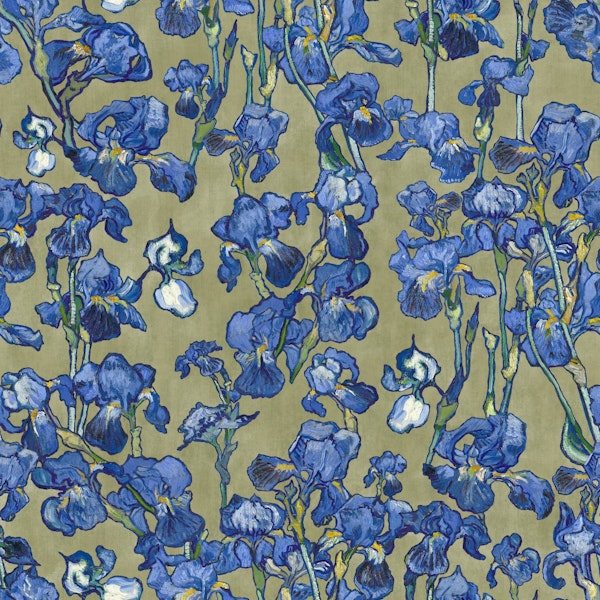 Van Gogh Irises Pattern in pale olive and cobalt blue