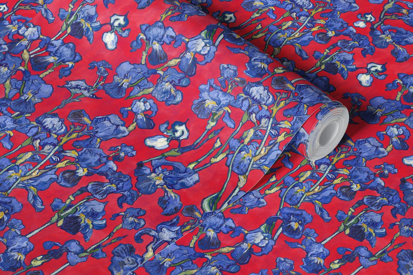 Van Gogh Irises Pattern in raspberry red and cobalt blue wallpaper roll