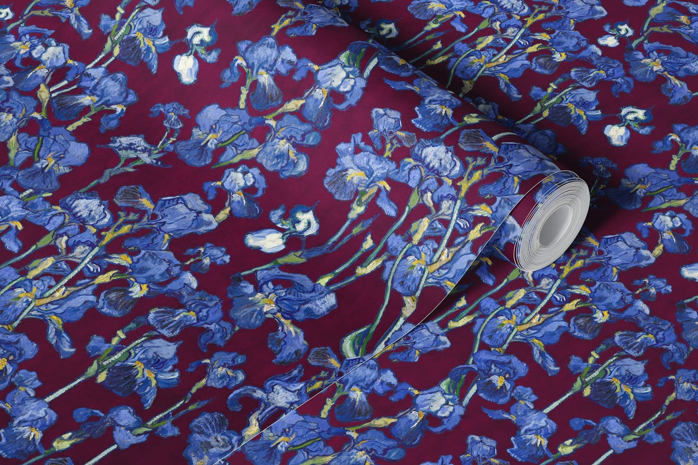 Van Gogh Irises Pattern in burgundy red and cobalt blue wallpaper roll