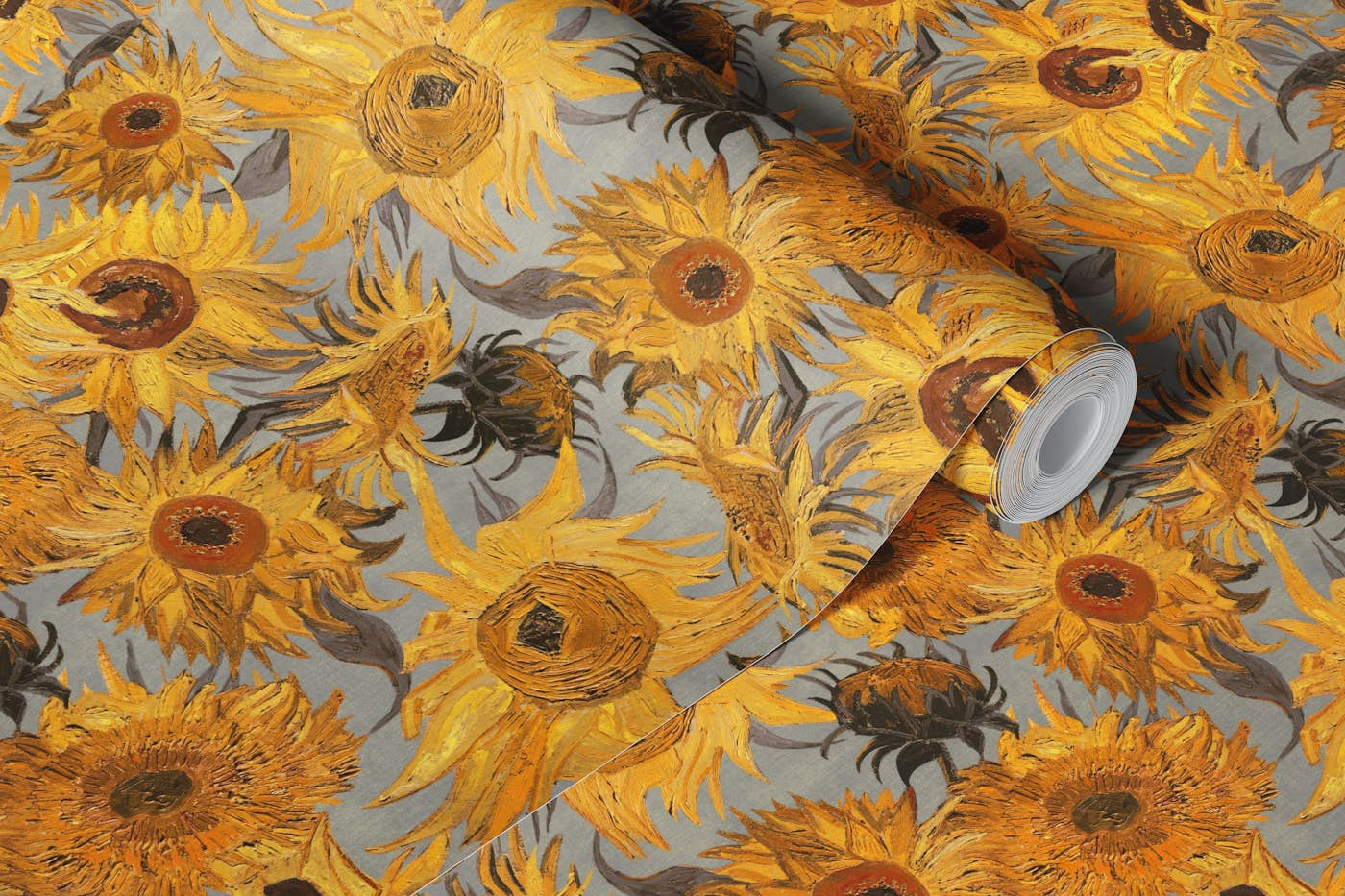 Van Gogh Sunflowers Pattern in yellow, grey, rust and brown wallpaper roll