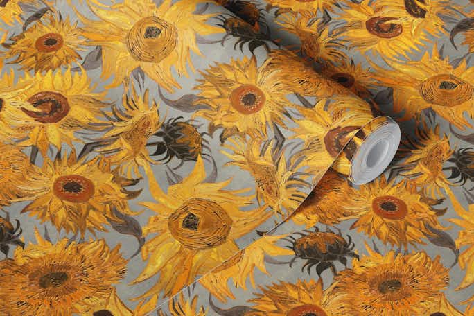 Van Gogh Sunflowers Pattern in yellow, grey, rust and brownwallpaper roll
