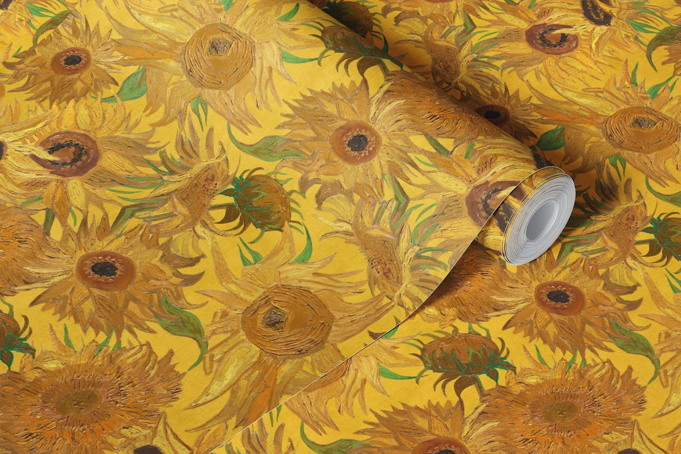 Van Gogh Sunflowers Pattern in yellow, green, rust and brown wallpaper roll