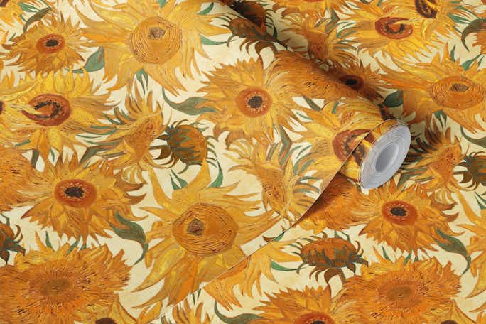Van Gogh Sunflowers Pattern in yellow, sage green, rustwallpaper roll