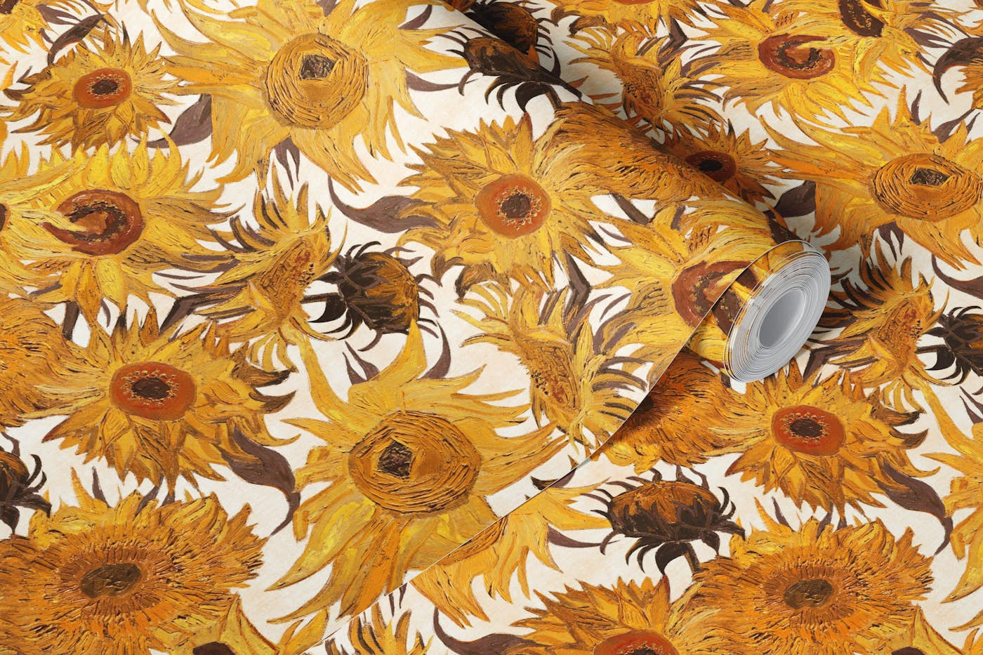 Van Gogh Sunflowers Pattern in cream, yellow, rust and brown wallpaper roll