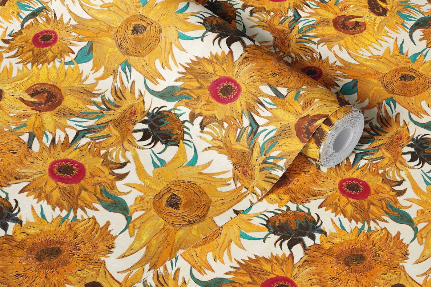 Van Gogh Sunflowers Pattern in cream, yellow, aqua and brown wallpaper roll