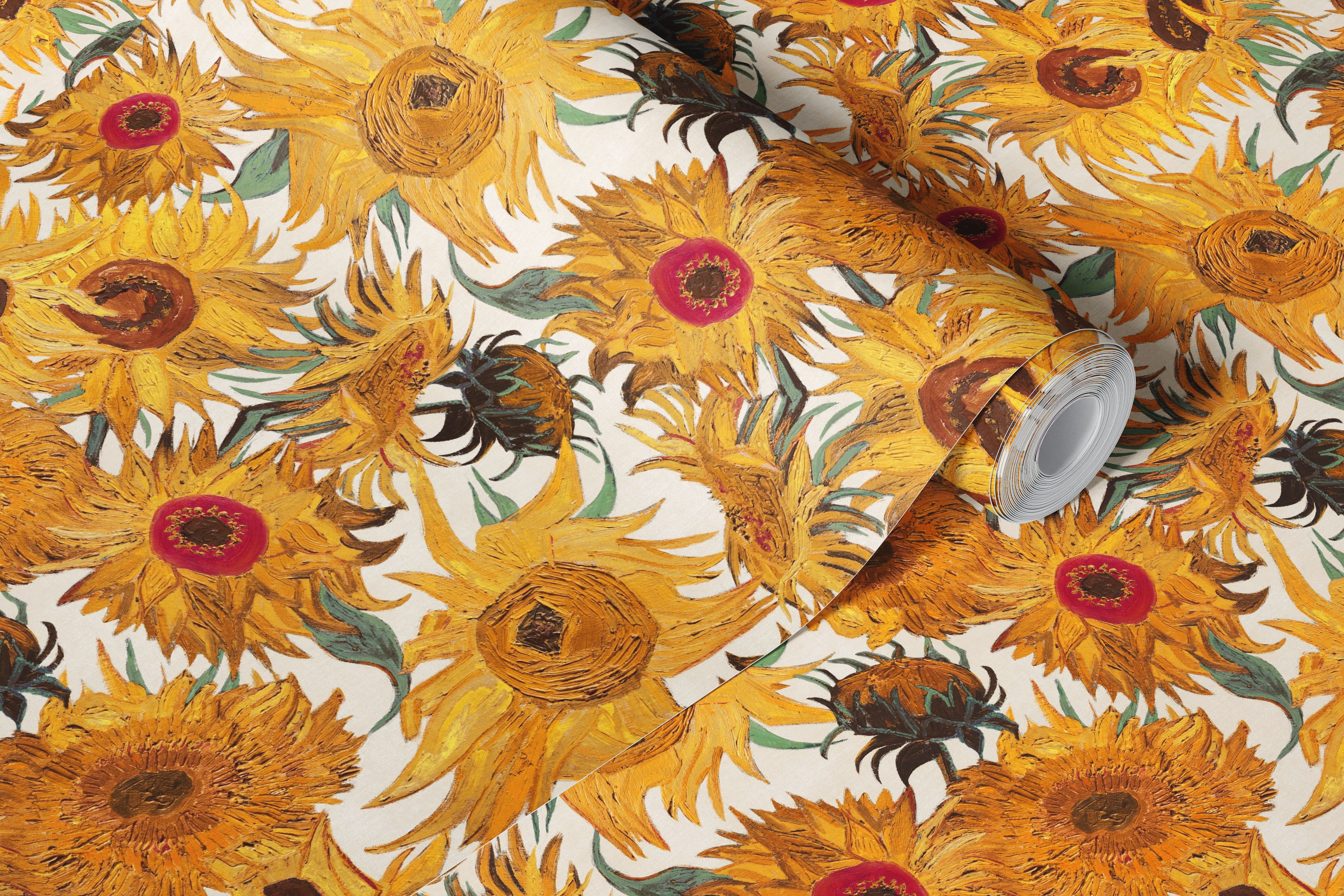 Van Gogh Sunflowers Pattern wall mural with cream, yellow, sage green, rust, and brown colors