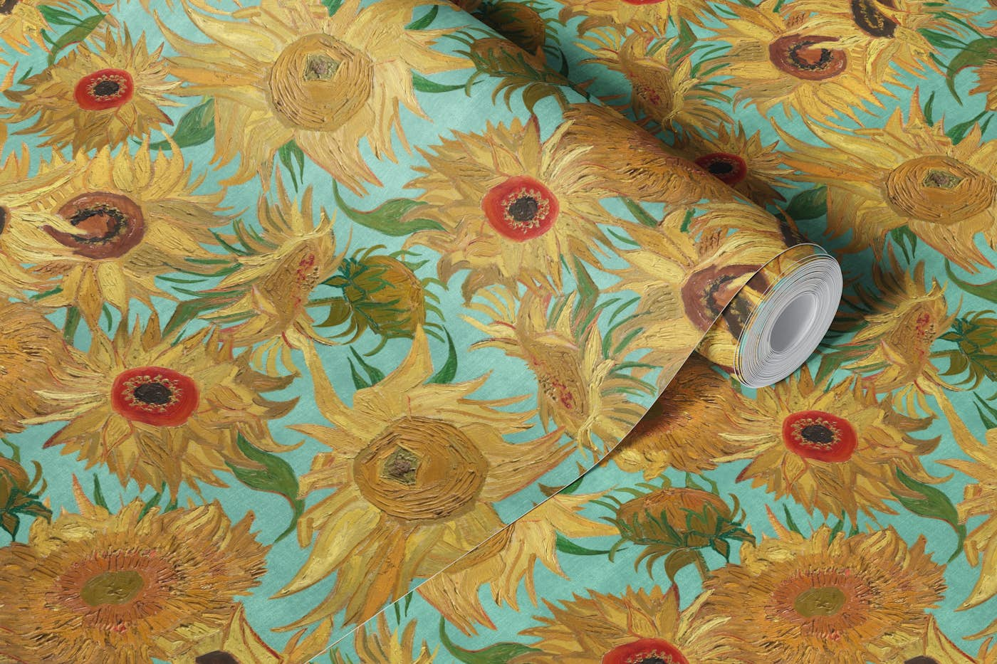 Van Gogh Sunflowers Pattern in yellow, aqua, green, ochre and red wallpaper roll