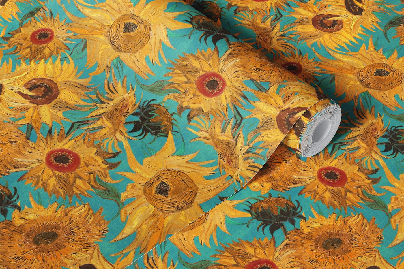 Van Gogh Sunflowers Pattern in yellow, teal, green, ochre and red wallpaper roll