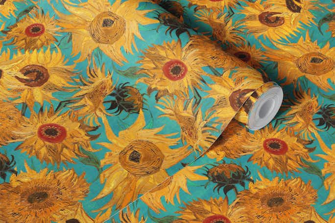Van Gogh Sunflowers Pattern in yellow, teal, green, ochre and redwallpaper roll