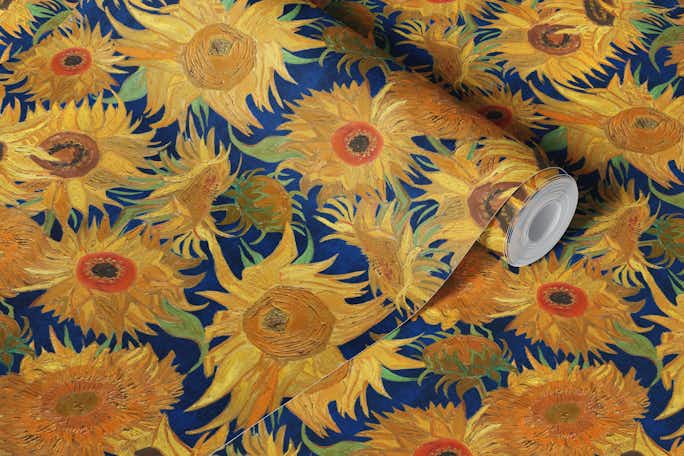 Van Gogh Sunflowers Pattern in yellow, navy blue, green, ochre and orangewallpaper roll