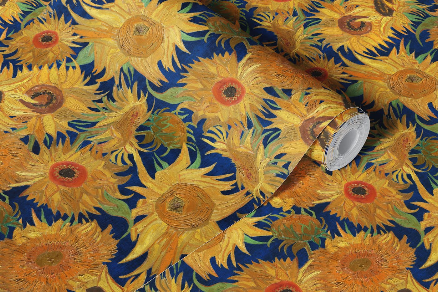 Van Gogh Sunflowers Pattern in yellow, navy blue, green, ochre and orange wallpaper roll