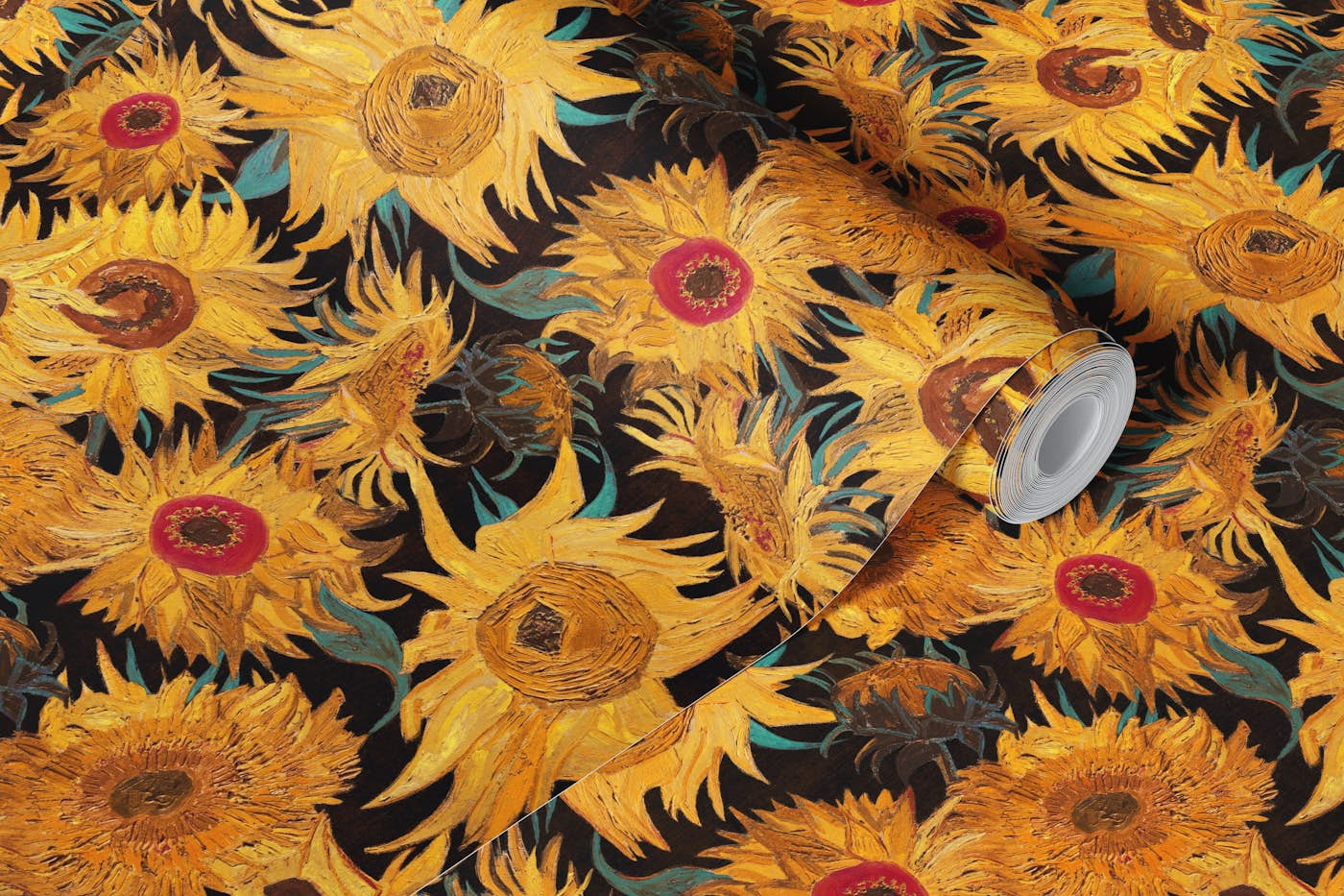 Van Gogh Sunflowers Pattern in yellow, black, aqua and red wallpaper roll