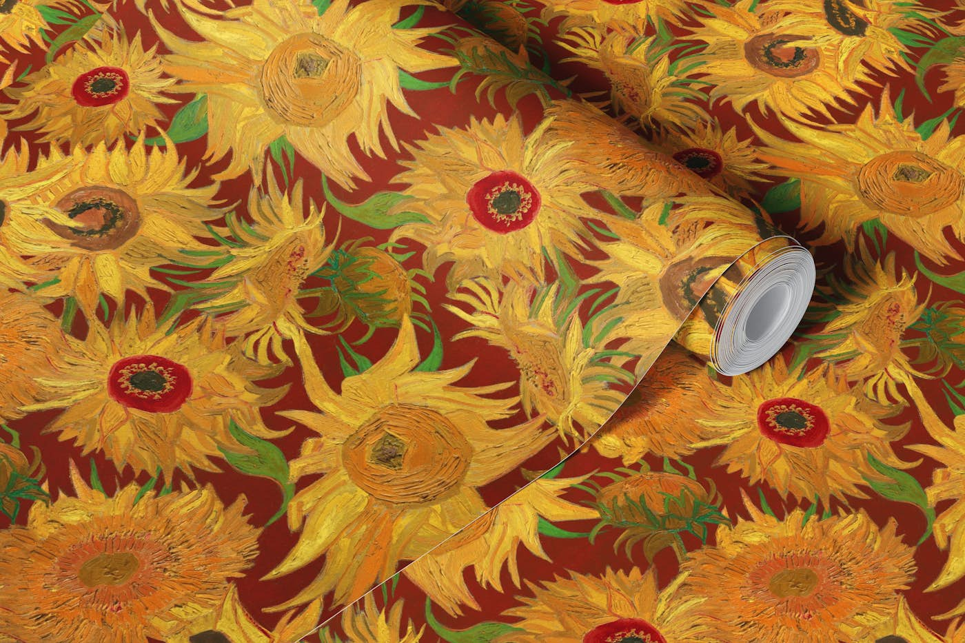 Van Gogh Sunflowers Pattern in yellow, green and burgundy red wallpaper roll