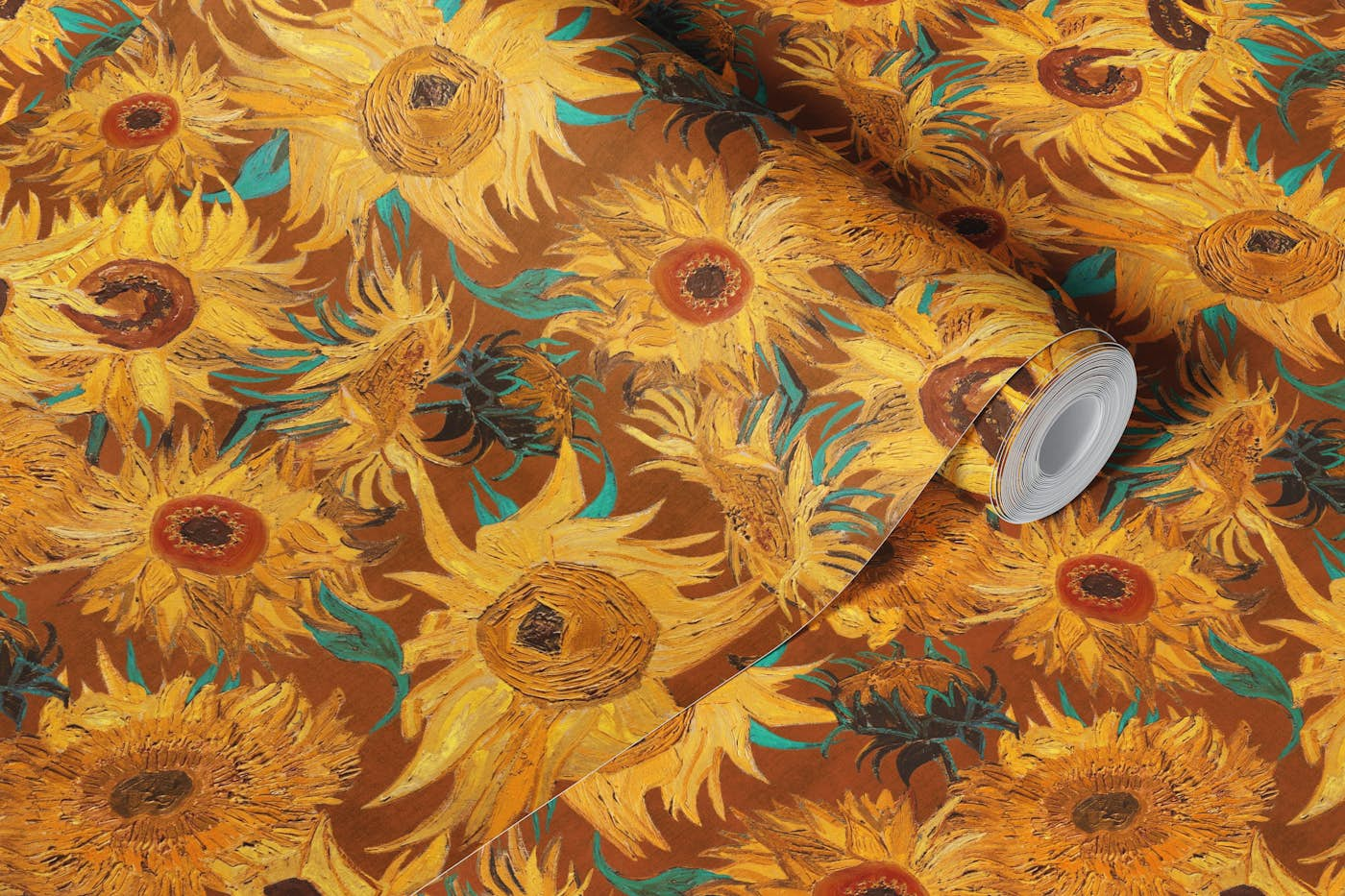 Van Gogh Sunflowers Pattern in yellow, sienna, aqua and rust wallpaper roll