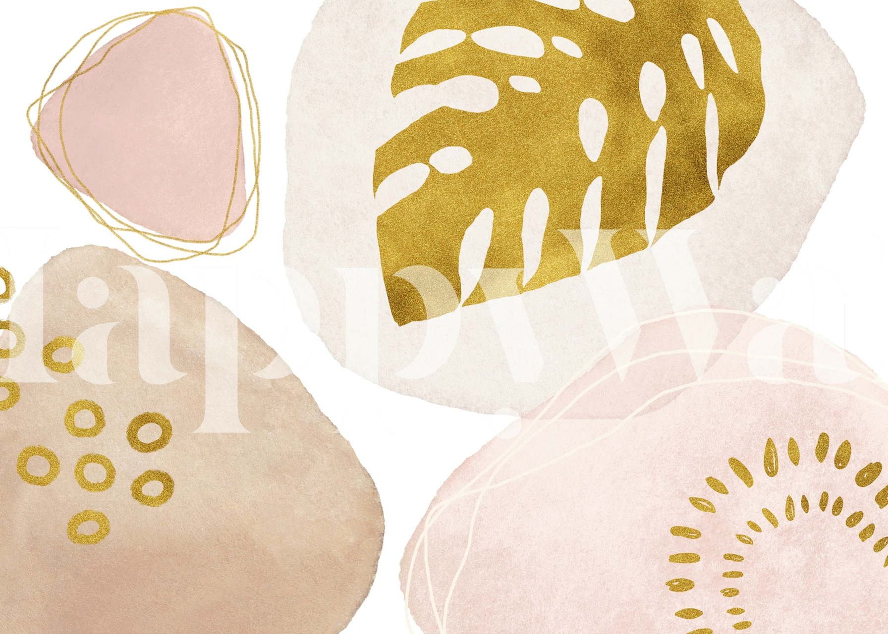 Abstract bohemian style wall mural with gold tropical leaf patterns and pastel pink accents