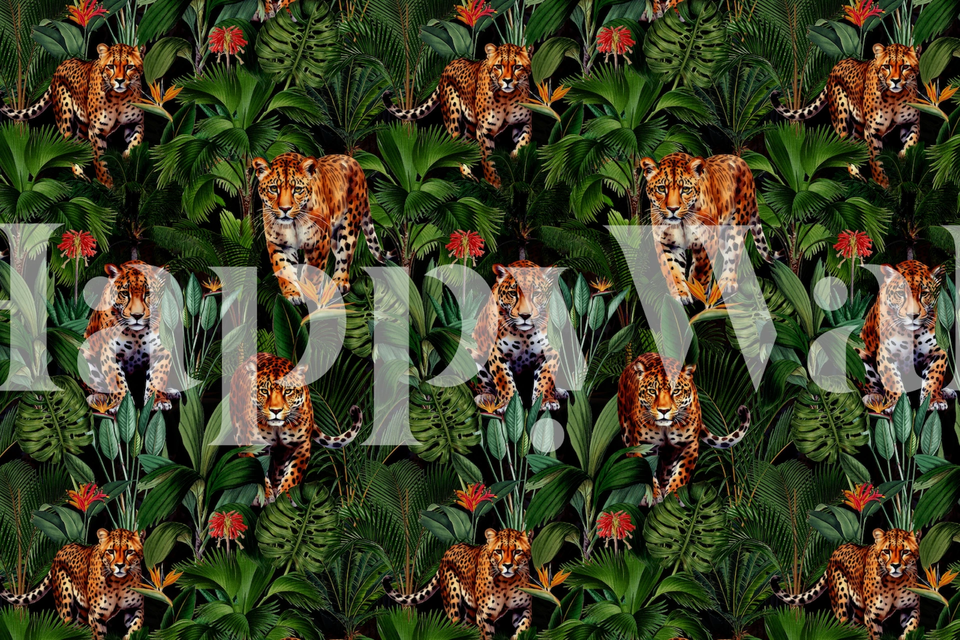 A lush jungle wall mural with tigers hidden amongst green foliage in a nighttime setting.