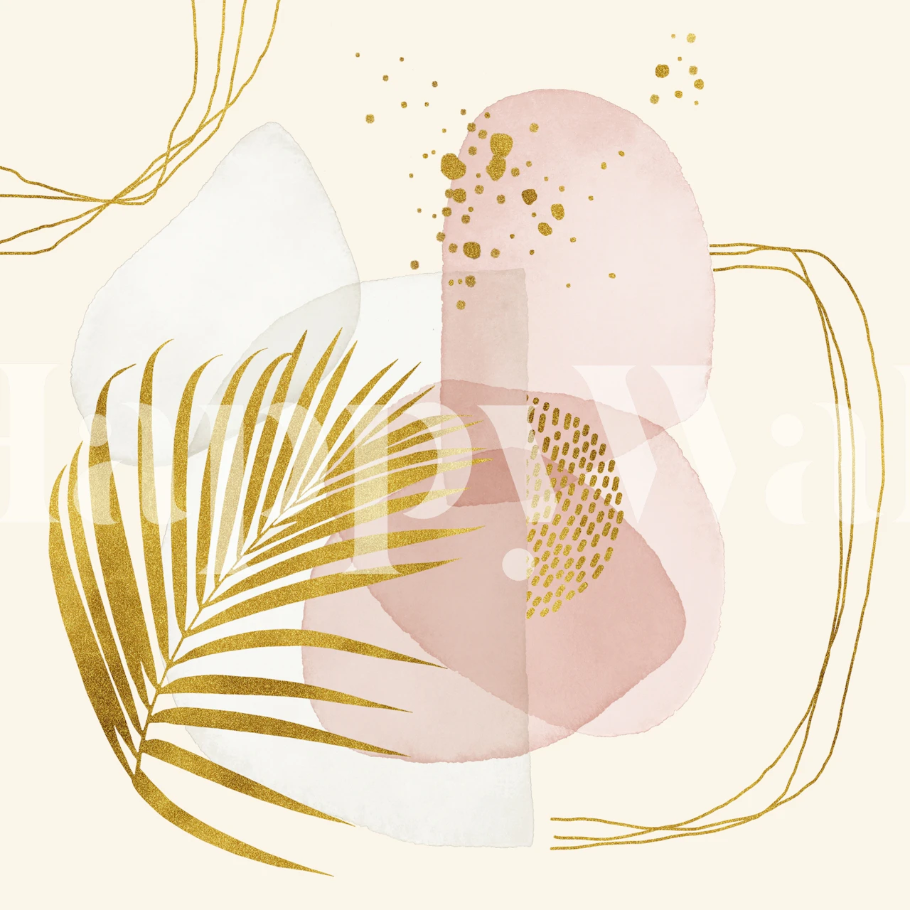 Pink and gold abstract shapes with palm leaves wallpaper